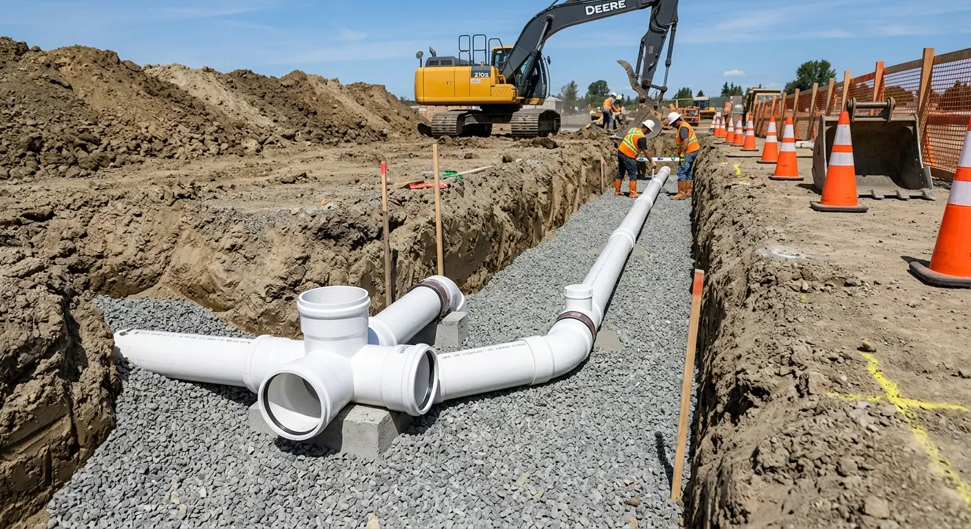 New PVC sewer pipe installation in open trench for Commercial Drain Cleaning in Eagle Pass