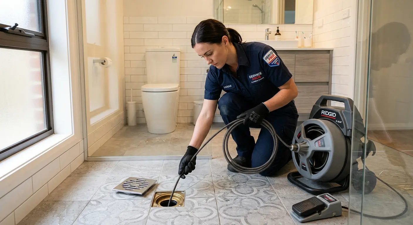 Technician clearing a bathroom floor drain for Clogged Drain Repair in Eagle Pass